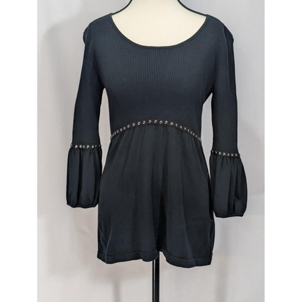 Tracy M Black Ribbed Knit Boho Top‎ Studded Waist 3/4 Sleeve Size S